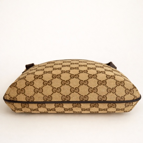 Gucci GG Canvas Messenger Crossbody Bag Beige Brown Flat Zip Leather Trim - Picture 5 of 8